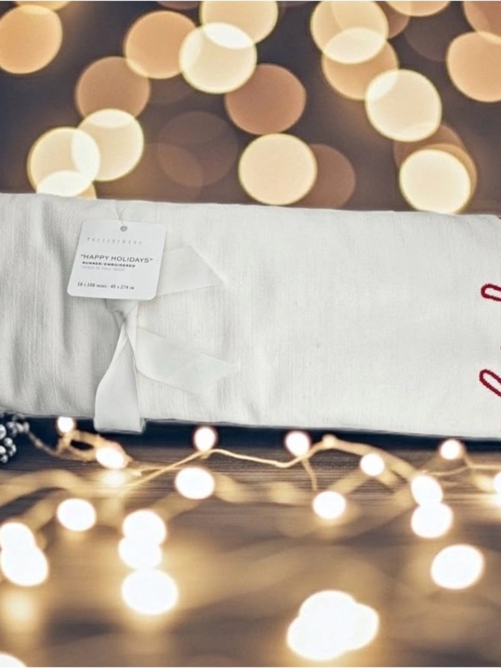 Pottery Barn Happy Holiday Embroidered Table Runner with Red Detail 18x108